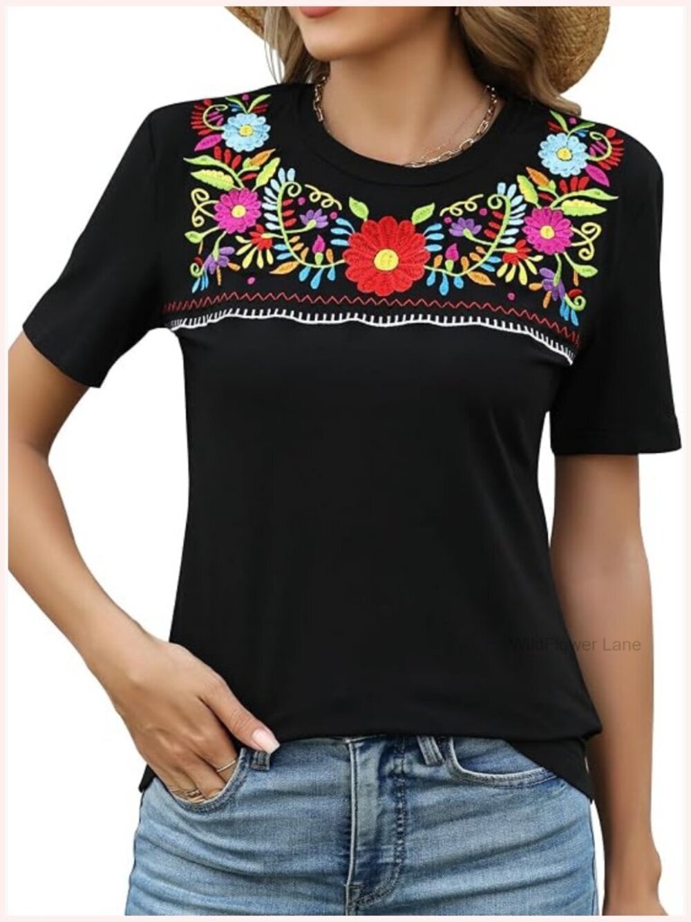 Traditional Embroidered Fiesta Cinco De Mayo Tops Floral Crewneck Short Sleeve
